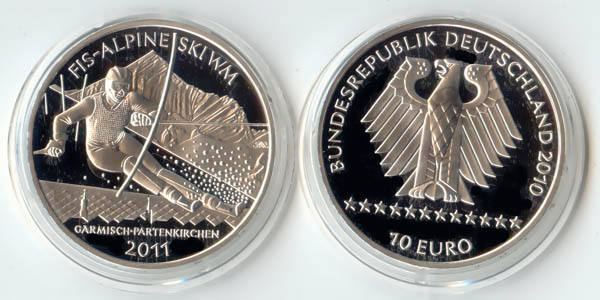 Deutschland BRD 10 Euro Silber 2010 G FIS Alpine Ski WM 2011 PP (Spgl