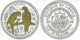 10 Dollars Liberia 2004 Papagei Münze Vorderseite und Rückseite zusammen