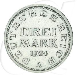 Weimarer Republik 3 Mark 1924 A ss Kursmünze