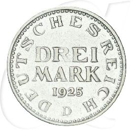 Weimarer Republik 3 Mark 1925 D ss Kursmünze