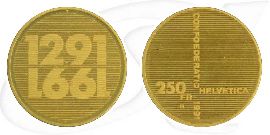 Schweiz 250 Franken 1991 Gold 7,20g fein Eidgenossenschaft st/prägefrisch Münze Vorderseite und Rückseite zusammen