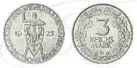 3 Reichsmark Rheinlande 1925 D Münze Vorderseite und Rückseite zusammen