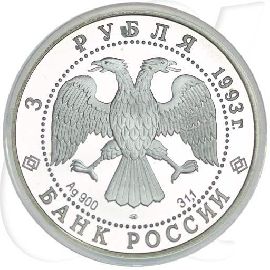 Russland 3 Rubel 1993 Silber PP Glockenturm im Kreml