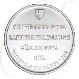 Schweiz 5 Franken 1939 vz-st Landesausstellung Zürich