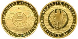 Deutschland 100 Euro 2002 G Gold Euroeinführung ohne Münzkapsel Bildseite und Wertseite 