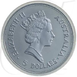 Australien Kookaburra 1990 5 Dollar Silber 1oz st Münzen-Wertseite