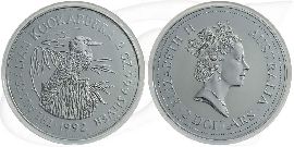 Australien Kookaburra 1992 2 Dollar Silber 2 oz st min. berieben Münze Vorderseite und Rückseite zusammen