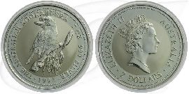 Australien 2 Dollar 1995 BU Kookaburra Silber 2 Unzen Münze Vorderseite und Rückseite zusammen