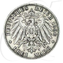 Deutschland Baden 3 Mark 1908 ss ungereinigt Friedrich II.