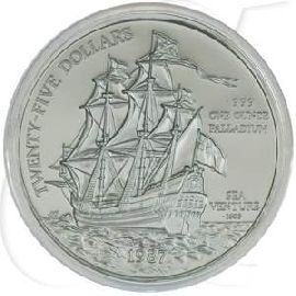 Bermuda 25 Dollar 1987 PP Palladium Schiff Sea Venture