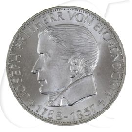BRD 5 DM 1957 J vz-st Silber Gedenkmünze Freiherr von Eichendorff Bildseite