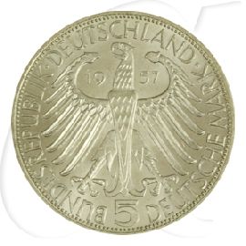 BRD 5 DM 1957 J st/prägefrisch Silber Gedenkmünze Freiherr von Eichendorff Wertseite