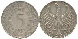 BRD 5 DM J387 Kursmünze Silber 1951 G circ. Heiermann Vorderseite und Rückseite zusammen