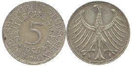 BRD 5 DM J387 Kursmünze Silber 1956 J circ. Heiermann Vorderseite und Rückseite zusammen