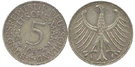 BRD 5 DM J387 Kursmünze Silber 1957 J circ. Heiermann Vorderseite und Rückseite zusammen