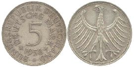 BRD 5 DM J387 Kursmünze Silber 1958 G circ. Heiermann Vorderseite und Rückseite zusammen