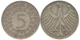 BRD 5 DM J387 Kursmünze Silber 1959 D circ. Heiermann Vorderseite und Rückseite zusammen