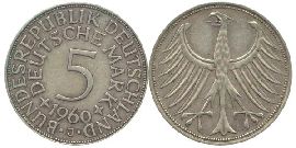 BRD 5 DM J387 Kursmünze Silber 1960 J circ. Heiermann Vorderseite und Rückseite zusammen