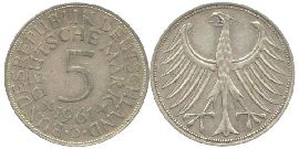 BRD 5 DM J387 Kursmünze Silber 1961 D circ. Heiermann Vorderseite und Rückseite zusammen