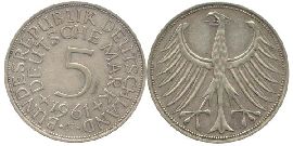 BRD 5 DM J387 Kursmünze Silber 1961 F circ. Heiermann Vorderseite und Rückseite zusammen Bundespepublik Deutschland