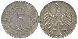 BRD 5 DM J387 Kursmünze Silber 1963 G circ. Heiermann Vorderseite und Rückseite zusammen Bundespepublik Deutschland