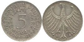 BRD 5 DM J387 Kursmünze Silber 1964 F circ. Heiermann Vorderseite und Rückseite zusammen Bundespepublik Deutschland