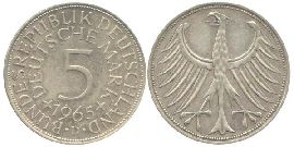 BRD 5 DM J387 Kursmünze Silber 1965 D circ. Heiermann Vorderseite und Rückseite zusammen Bundespepublik Deutschland