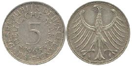 BRD 5 DM J387 Kursmünze Silber 1965 F circ. Heiermann Vorderseite und Rückseite zusammen Bundespepublik Deutschland