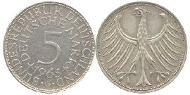 BRD 5 DM J387 Kursmünze Silber 1965 G circ. Heiermann Vorderseite und Rückseite zusammen Bundespepublik Deutschland