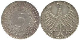 BRD 5 DM J387 Kursmünze Silber 1966 D circ. Heiermann Vorderseite und Rückseite zusammen Bundesrepublik Deutschland