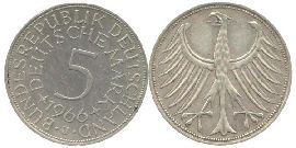 BRD 5 DM J387 Kursmünze Silber 1966 J circ. Heiermann Vorderseite und Rückseite zusammen Bundesrepublik Deutschland