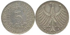BRD 5 DM J387 Kursmünze Silber 1967 J circ. Heiermann Vorderseite und Rückseite zusammen Bundesrepublik Deutschland