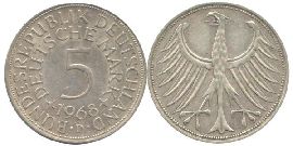 BRD 5 DM J387 Kursmünze Silber 1968 D circ. Heiermann Vorderseite und Rückseite zusammen Bundesrepublik Deutschland