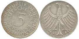 BRD 5 DM J387 Kursmünze Silber 1968 G circ. Heiermann Vorderseite und Rückseite zusammen Bundesrepublik Deutschland