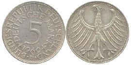 BRD 5 DM J387 Kursmünze Silber 1969 D circ. Heiermann Vorderseite und Rückseite zusammen Bundesrepublik Deutschland