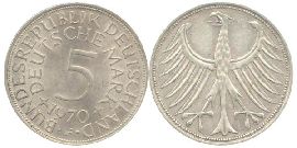 BRD 5 DM J387 Kursmünze Silber 1970 F circ. Heiermann Vorderseite und Rückseite zusammen Bundesrepublik Deutschland