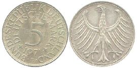 BRD 5 DM J387 Kursmünze Silber 1971 D zirkuliert Heiermann Vorderseite und Rückseite zusammen Bundesrepublik Deutschland