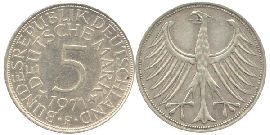 BRD 5 DM J387 Kursmünze Silber 1971 F zirkuliert Heiermann Vorderseite und Rückseite zusammen Bundesrepublik Deutschland