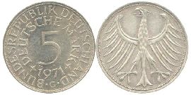 BRD 5 DM J387 Kursmünze Silber 1971 G zirkuliert Heiermann Vorderseite und Rückseite zusammen Bundesrepublik Deutschland