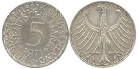 BRD 5 DM J387 Kursmünze Silber 1971 J zirkuliert Heiermann Vorderseite und Rückseite zusammen Bundesrepublik Deutschland