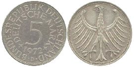BRD 5 DM J387 Kursmünze Silber 1972 D zirkuliert Heiermann Vorderseite und Rückseite zusammen Bundesrepublik Deutschland