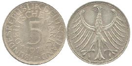 BRD 5 DM J387 Kursmünze Silber 1974 F vorzüglich stempelglan prägefrisch Heiermann Vorderseite und Rückseite zusammen Bundesrepublik Deutschland