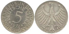 BRD 5 DM J387 Kursmünze Silber 1974 J vorzüglich stempelglanz prägefrisch Heiermann Vorderseite und Rückseite zusammen Bundesrepublik Deutschland