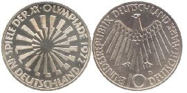 BRD 10 DM Gedenkmünze Silber Olympia Spirale Deutschland 1972 D vz-st Vorderseite und Rückseite zusammen