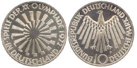 BRD 10 DM Gedenkmünze Silber Olympia Spirale Deutschland 1972 F vz-st Vorderseite und Rückseite zusammen