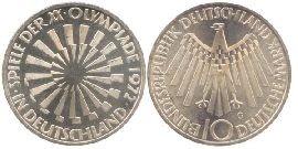 BRD 10 DM Gedenkmünze Silber Olympia Spirale Deutschland 1972 G vz-st Vorderseite und Rückseite zusammen