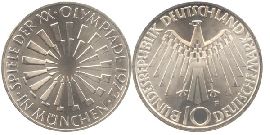 BRD 10 DM Gedenkmünze Silber Olympia Spirale München 1972 F vz-st Vorderseite und Rückseite zusammen