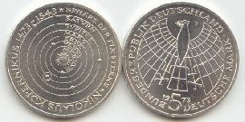 BRD 5 DM Gedenkmünze Silber Kopernikus 1973 J st/prägefrisch Vorderseite und Rückseite zusammen