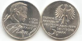 BRD 5 DM Gedenkmünze Silber Immanuel Kant 1974 D st/prägefrisch Vorderseite und Rückseite zusammen