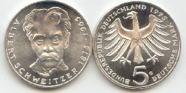 BRD 5 DM Gedenkmünze Silber Albert Schweitzer 1975 G st/prägefrisch Vorderseite und Rückseite zusammen